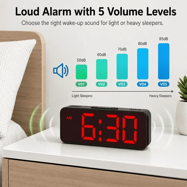Alt view image 7 of 7 - C Small Mini Digital Alarm Clock Battery Operated for Bedroom Travel, 1.65" Numbers Large Display Cordless Clock for Beside Seniors Elderly, Auto Manual Dimmers, 5 Levels Volume