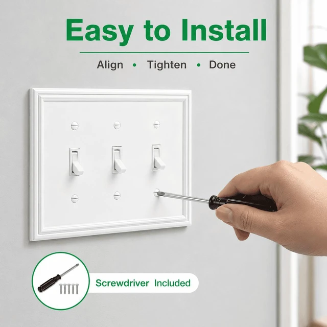 Alt view image 6 of 7 - C White Decorative Triple Toggle Light Switch Covers Wall Plate, Natural Material Switch Plate Covers - Modern Style (3 Gang Toggle 1 Pack)