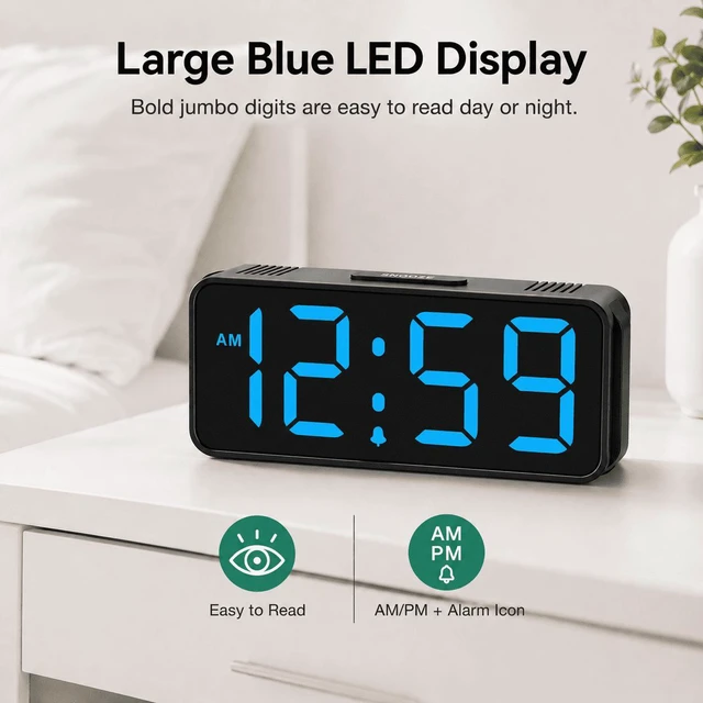 Alt view image 3 of 7 - C Small Mini Digital Alarm Clock Battery Operated for Bedroom Travel, 1.65" Numbers Large Display Cordless Clock for Beside Seniors Elderly, Auto Manual Dimmers, 5 Levels Volume
