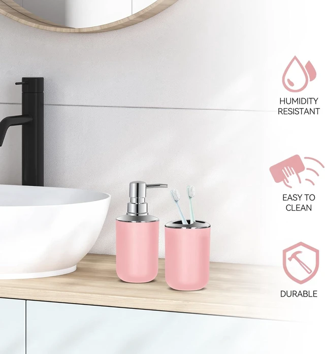 Alt view image 4 of 7 - CozyNF Bathroom Accessories Set 2 PCS, Pink Bathroom Accessories Plastic Soap Dispenser and Toothbrush Holder Set Boho Bathroom Decor Bathroom Set Pink