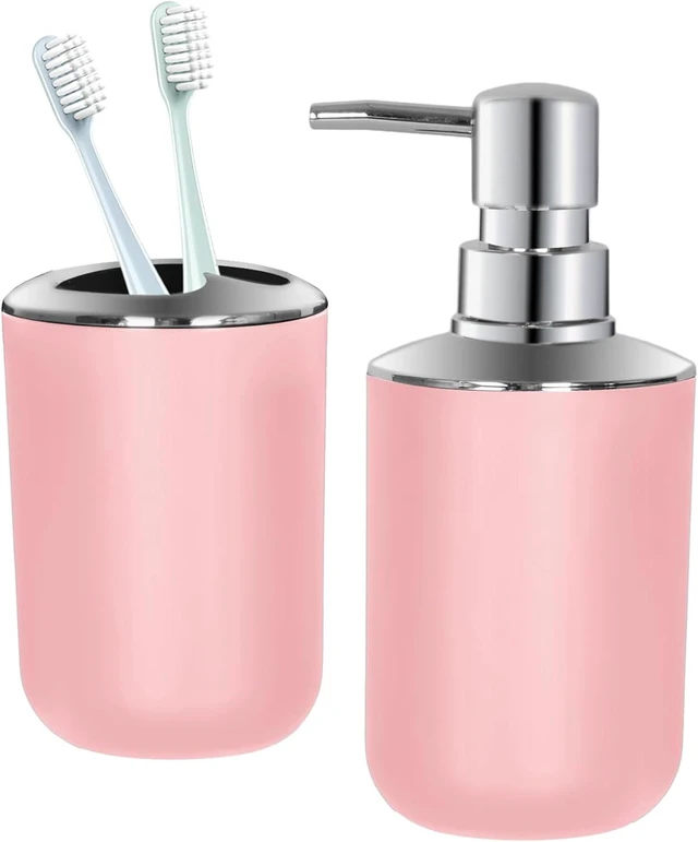 Alt view image 5 of 7 - CozyNF Bathroom Accessories Set 2 PCS, Pink Bathroom Accessories Plastic Soap Dispenser and Toothbrush Holder Set Boho Bathroom Decor Bathroom Set Pink