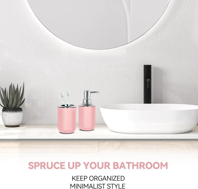Alt view image 7 of 7 - CozyNF Bathroom Accessories Set 2 PCS, Pink Bathroom Accessories Plastic Soap Dispenser and Toothbrush Holder Set Boho Bathroom Decor Bathroom Set Pink
