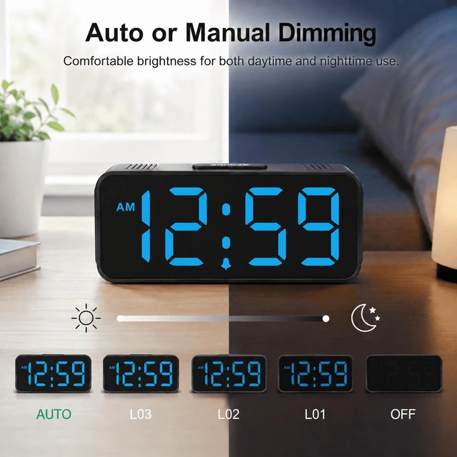 Alt view image 5 of 7 - C Small Mini Digital Alarm Clock Battery Operated for Bedroom Travel, 1.65" Numbers Large Display Cordless Clock for Beside Seniors Elderly, Auto Manual Dimmers, 5 Levels Volume