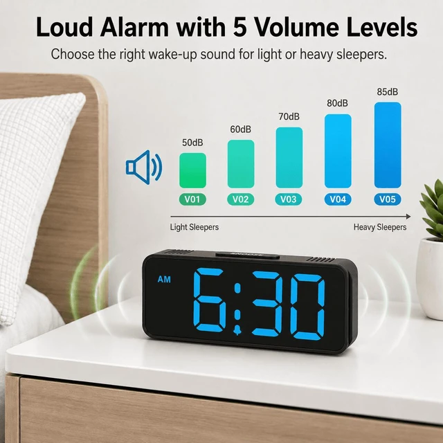 Alt view image 6 of 7 - C Small Mini Digital Alarm Clock Battery Operated for Bedroom Travel, 1.65" Numbers Large Display Cordless Clock for Beside Seniors Elderly, Auto Manual Dimmers, 5 Levels Volume