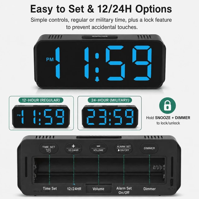 Alt view image 7 of 7 - C Small Mini Digital Alarm Clock Battery Operated for Bedroom Travel, 1.65" Numbers Large Display Cordless Clock for Beside Seniors Elderly, Auto Manual Dimmers, 5 Levels Volume