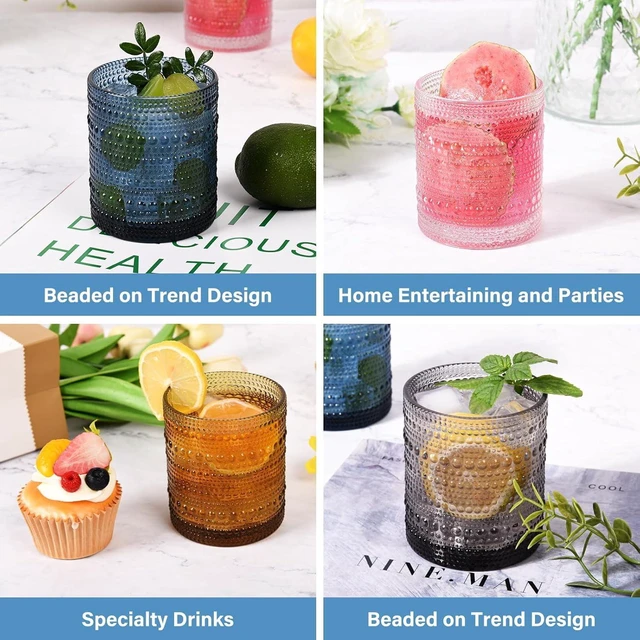 Alt view image 5 of 7 - KitchenKey Cocktail Glasses 10 oz Hobnail Drinking Glasses Set of 6, Vintage Glassware, Textured Glass Cups Bubble Glasses Water Glasses Old Fashion Jupiter Glasses Set, clear
