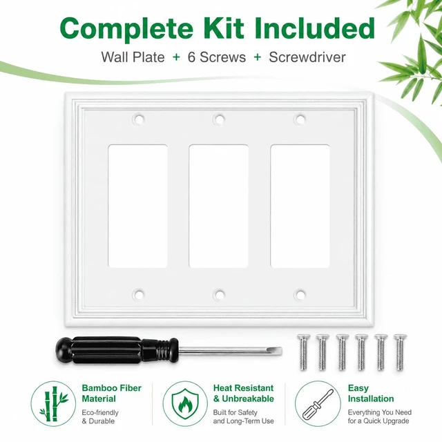 Alt view image 2 of 7 - C White Decorative Triple Decorator Switch Covers Wall Plate, Natural Material Rocker Switch Plates for Receptacle, GFCI Outlet, Dimmer Switch - Modern Style (3 Gang Decorator 1 Pack)