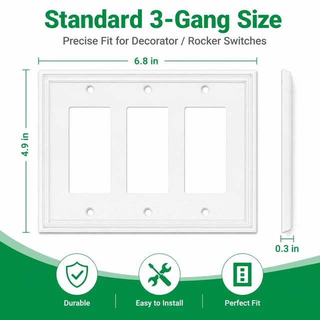 Alt view image 5 of 7 - C White Decorative Triple Decorator Switch Covers Wall Plate, Natural Material Rocker Switch Plates for Receptacle, GFCI Outlet, Dimmer Switch - Modern Style (3 Gang Decorator 1 Pack)