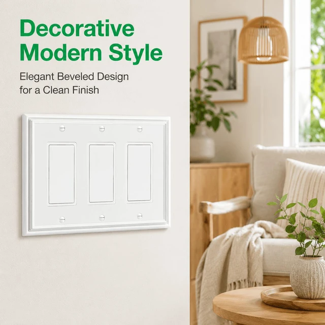 Alt view image 6 of 7 - C White Decorative Triple Decorator Switch Covers Wall Plate, Natural Material Rocker Switch Plates for Receptacle, GFCI Outlet, Dimmer Switch - Modern Style (3 Gang Decorator 1 Pack)