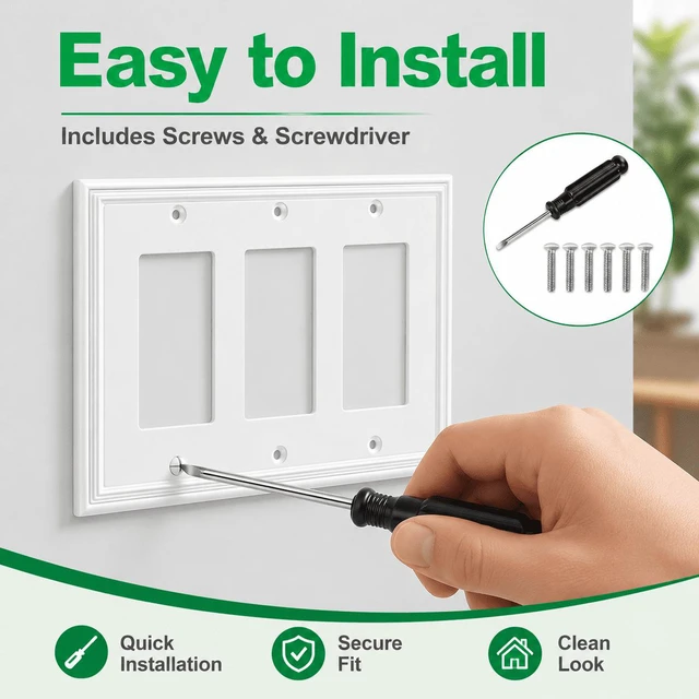 Alt view image 7 of 7 - C White Decorative Triple Decorator Switch Covers Wall Plate, Natural Material Rocker Switch Plates for Receptacle, GFCI Outlet, Dimmer Switch - Modern Style (3 Gang Decorator 1 Pack)