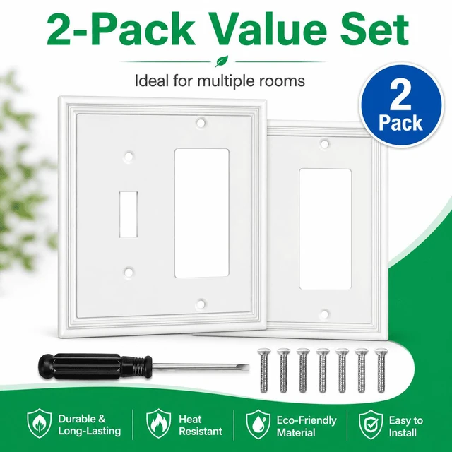 Alt view image 4 of 7 - C White Decorative Combination Light Switch Covers Wall Plate, Natural Material Rocker Switch Plate Outlet Covers - Modern Style (2 Gang Toggle/Decorator 2 Pack)