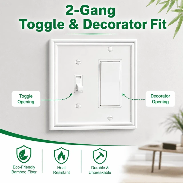 Alt view image 3 of 7 - C White Decorative Combination Light Switch Covers Wall Plate, Natural Material Rocker Switch Plate Outlet Covers - Modern Style (2 Gang Toggle/Decorator 2 Pack)