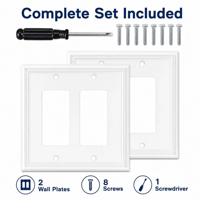 Alt view image 2 of 7 - C White Decorative Double Decorator Switch Covers Wall Plate, Natural Material Rocker Switch Plates for Receptacle, GFCI Outlet, Dimmer Switch - Modern Style (2 Gang Decorator 2 Pack)