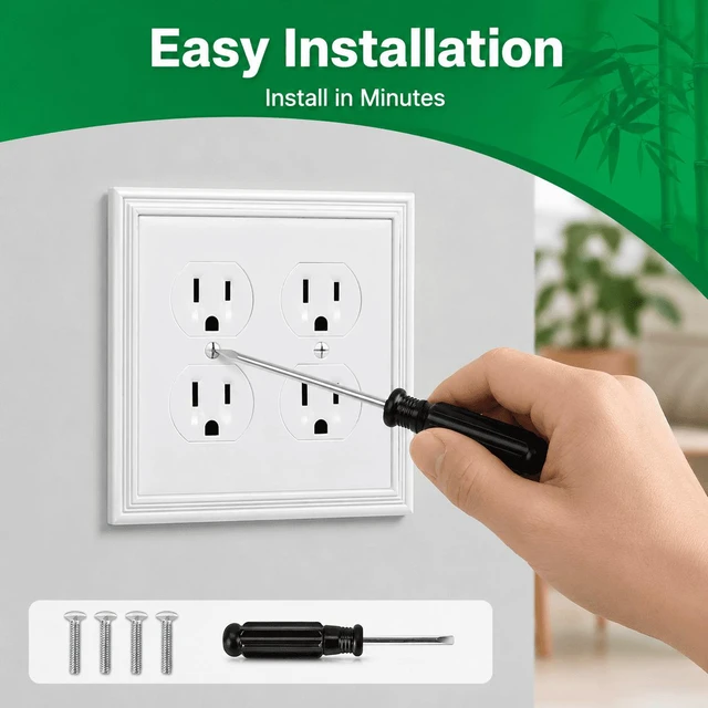 Alt view image 3 of 7 - C White Decorative Double Outlet Covers Wall Plate, Natural Material Light Switch Plate Outlet Covers - Modern Style (2 Gang Duplex 2 Pack)