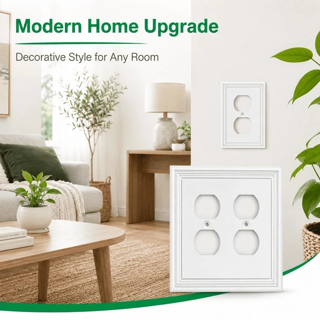 Alt view image 6 of 7 - C White Decorative Double Outlet Covers Wall Plate, Natural Material Light Switch Plate Outlet Covers - Modern Style (2 Gang Duplex 2 Pack)