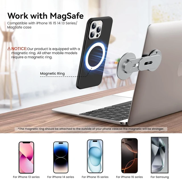 Alt view image 3 of 7 - Magnetic Phone Holder for Laptop for MagSafe for iPhone 16/15/14/13/12 & All Phones, 180°Adjustable Phone Side Mount for Computer Monitor for Tesla, Desktop Cell Phone Bracket, Gray