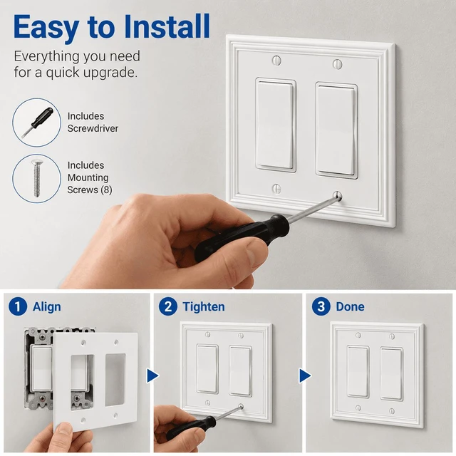 Alt view image 6 of 7 - C White Decorative Double Decorator Switch Covers Wall Plate, Natural Material Rocker Switch Plates for Receptacle, GFCI Outlet, Dimmer Switch - Modern Style (2 Gang Decorator 2 Pack)