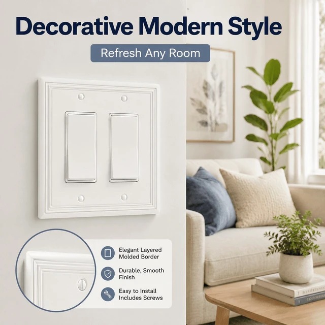 Alt view image 7 of 7 - C White Decorative Double Decorator Switch Covers Wall Plate, Natural Material Rocker Switch Plates for Receptacle, GFCI Outlet, Dimmer Switch - Modern Style (2 Gang Decorator 2 Pack)