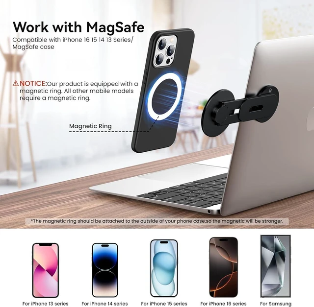 Alt view image 2 of 7 - Magnetic Phone Holder for Laptop for MagSafe for iPhone 16/15/14/13/12 & All Phones, 180°Adjustable Phone Side Mount for Computer Monitor for Tesla, Desktop Cell Phone Bracket, Gray