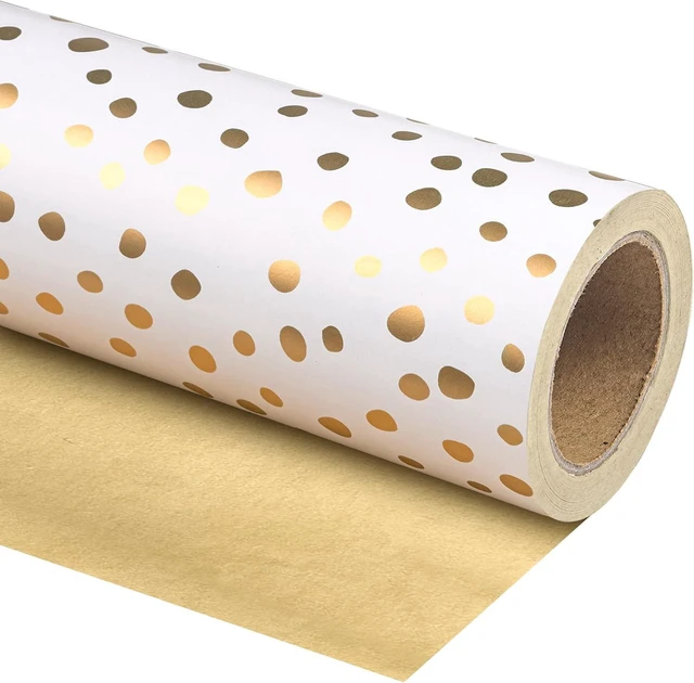 Main image of CozyNestFinds Reversible Wrapping Paper - Mini Roll - 17 Inch X 33 Feet - Gold Print and Delicate Polka Dots Design for Birthday, Christmas, Wedding, Baby Shower