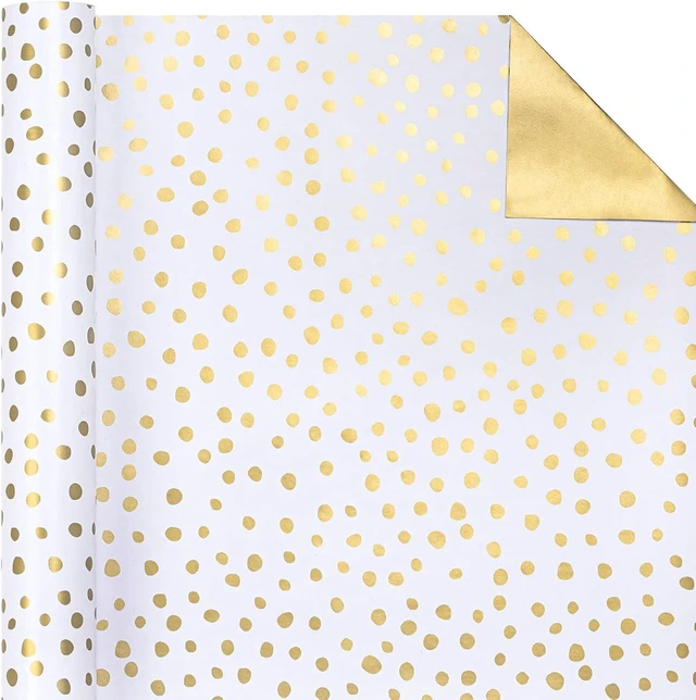 Alt view image 3 of 7 - CozyNestFinds Reversible Wrapping Paper - Mini Roll - 17 Inch X 33 Feet - Gold Print and Delicate Polka Dots Design for Birthday, Christmas, Wedding, Baby Shower