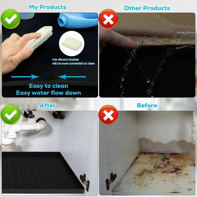 Alt view image 5 of 7 - CozyNestFinds Under Sink Mat, 19"x22" Under Sink Mats for Kitchen, Silicone Waterproof Under Sink Liner, Sink Cabinet Organizer Tray with Drain Hole (Black, 19X22)