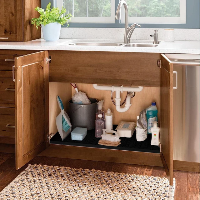 Alt view image 4 of 7 - CozyNestFinds Under Sink Mat, 19"x22" Under Sink Mats for Kitchen, Silicone Waterproof Under Sink Liner, Sink Cabinet Organizer Tray with Drain Hole (Black, 19X22)
