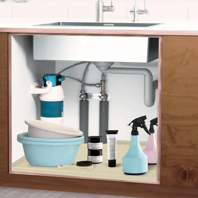 Alt view image 7 of 7 - CozyNestFinds Under Sink Mat, 14"x22" Under Sink Mats for Kitchen, Silicone Waterproof Under Sink Liner, Sink Cabinet Organizer Tray with Drain Hole