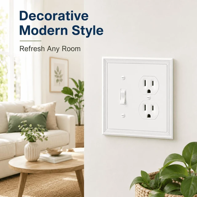 Alt view image 6 of 7 - C White Decorative Combination Light Switch Covers Wall Plate, Natural Material Switch Plate Outlet Covers - Modern Style (2 Gang Toggle/Duplex 2 Pack)