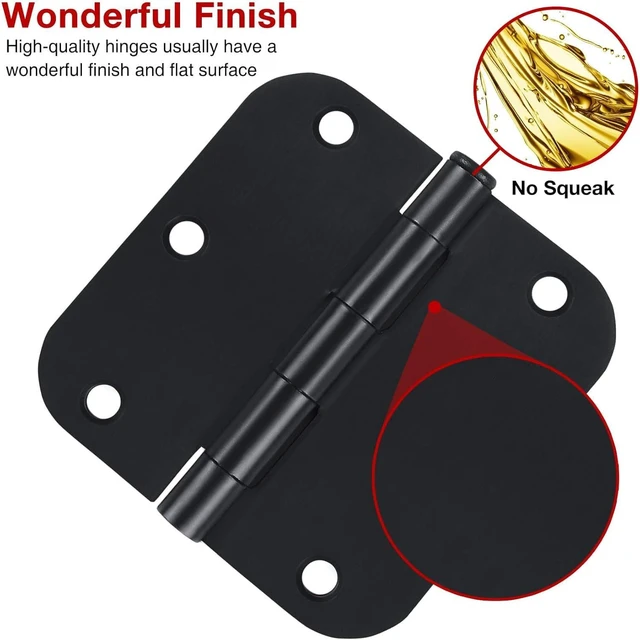 Alt view image 3 of 6 - 6 Pack Matte Black Interior Door Hinges, 3.5" x 3.5" with 5/8" Radius, Heavy-Duty Round Hinge with Removable Pin for Bedroom Office Farm Shed Gate Greenhouse Vent Window