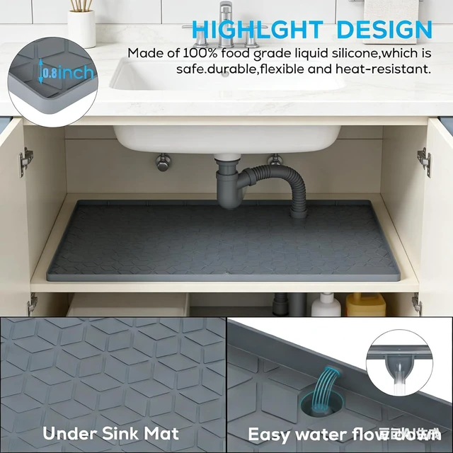 Alt view image 5 of 7 - CozyNestFinds Under Sink Mats 14"x22" for Kitchen,Silicone Waterproof Liner,Sink Silicone Tray with Drain Hole,Storage and Organizers,Cabinet and Counter Protector,Litter Mat,Pet Cat Puppy Essentials