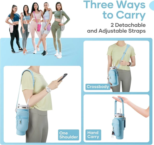 Alt view image 3 of 7 - CozyNestFinds Water Bottle Carrier Bag for Stanley Cup 40/30oz with Phone Holder Pockets,Neoprene Water Bottle Cross-body Bag with Adjustable Shoulder & Hand Strap Stanley Cup Accessories
