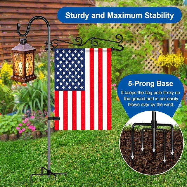 Alt view image 3 of 7 - Garden Flag Holder with Shepherds Hook,Double S Curve Design Garden Flag Stand with 5 Prong Base,Yard Flags Holder with Clip and Spring Stoppers (No Flags) for House,Yard Decorations Outdoor