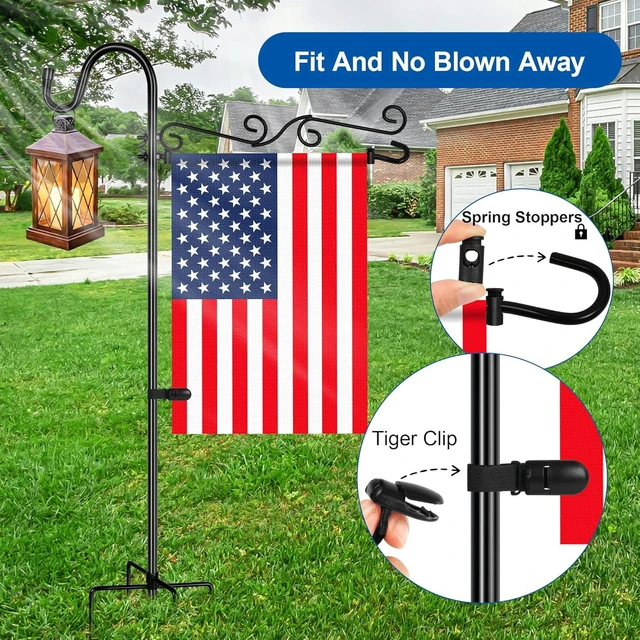 Alt view image 4 of 7 - Garden Flag Holder with Shepherds Hook,Double S Curve Design Garden Flag Stand with 5 Prong Base,Yard Flags Holder with Clip and Spring Stoppers (No Flags) for House,Yard Decorations Outdoor