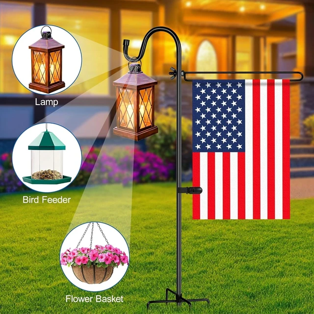 Alt view image 2 of 7 - CozyNestFinds Garden Flag Holder with Shepherds Hook,Double Hoop Design Garden Flag Stand with 5 Prong Base,Yard Flags Holder with Clip (No Flags) for Outside House,Yard Decorations Outdoor