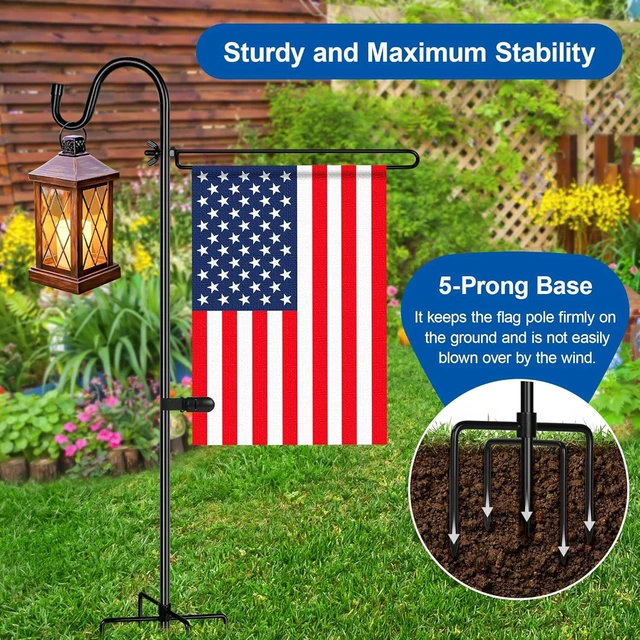 Alt view image 3 of 7 - CozyNestFinds Garden Flag Holder with Shepherds Hook,Double Hoop Design Garden Flag Stand with 5 Prong Base,Yard Flags Holder with Clip (No Flags) for Outside House,Yard Decorations Outdoor
