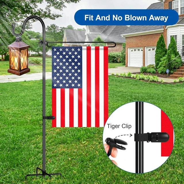 Alt view image 4 of 7 - CozyNestFinds Garden Flag Holder with Shepherds Hook,Double Hoop Design Garden Flag Stand with 5 Prong Base,Yard Flags Holder with Clip (No Flags) for Outside House,Yard Decorations Outdoor