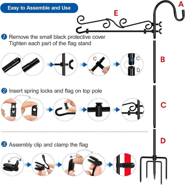 Alt view image 7 of 7 - Garden Flag Holder with Shepherds Hook,Double S Curve Design Garden Flag Stand with 5 Prong Base,Yard Flags Holder with Clip and Spring Stoppers (No Flags) for House,Yard Decorations Outdoor