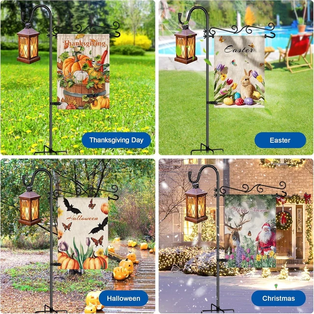 Alt view image 6 of 7 - Garden Flag Holder with Shepherds Hook,Double S Curve Design Garden Flag Stand with 5 Prong Base,Yard Flags Holder with Clip and Spring Stoppers (No Flags) for House,Yard Decorations Outdoor
