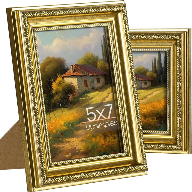 Main image of CozyNestFinds 5x7 Picture Frame with Real Glass, Ornate Vintage 5 x 7 Photo Frames for Wall Decor or Tabletop Display, Gold, 2 Pack