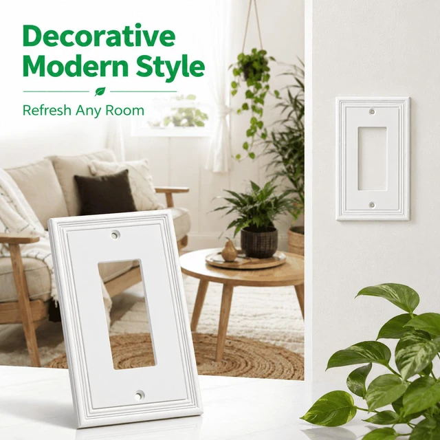 Alt view image 7 of 7 - C White Decorative Single Decorator Switch Covers Wall Plate, Natural Material Rocker Switch Plates Outlet Covers for Receptacle, GFCI Outlet, Dimmer - Modern Style (1 Gang Decorator 4 Pack)