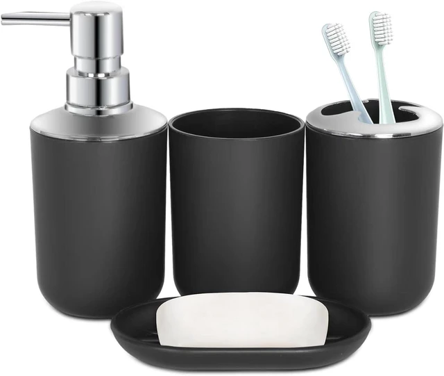 Main image of CozyNF Bathroom Accessories Set 4 PCS, Black Bathroom Accessories Plastic Soap Dispenser and Toothbrush Holder Set Soap Dish and Mouthwash Cup Boho Bathroom Decor Bathroom Set Black