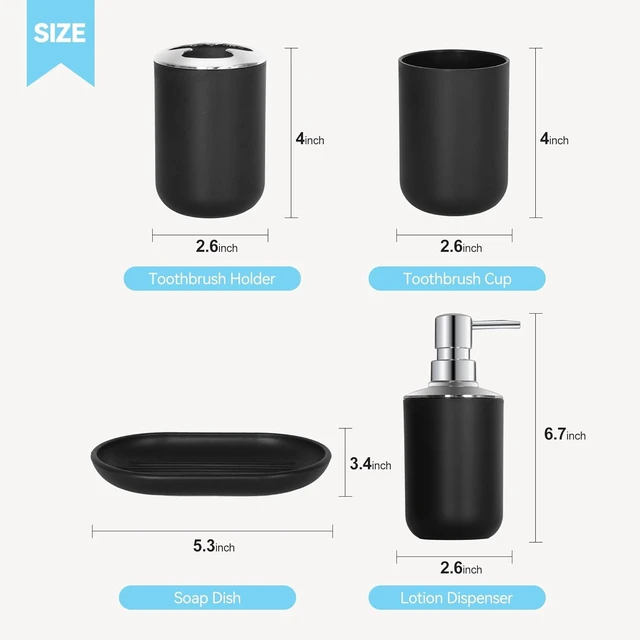 Alt view image 3 of 7 - CozyNF Bathroom Accessories Set 4 PCS, Black Bathroom Accessories Plastic Soap Dispenser and Toothbrush Holder Set Soap Dish and Mouthwash Cup Boho Bathroom Decor Bathroom Set Black