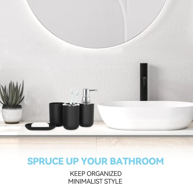 Alt view image 2 of 7 - CozyNF Bathroom Accessories Set 4 PCS, Black Bathroom Accessories Plastic Soap Dispenser and Toothbrush Holder Set Soap Dish and Mouthwash Cup Boho Bathroom Decor Bathroom Set Black