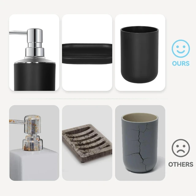 Alt view image 5 of 7 - CozyNF Bathroom Accessories Set 4 PCS, Black Bathroom Accessories Plastic Soap Dispenser and Toothbrush Holder Set Soap Dish and Mouthwash Cup Boho Bathroom Decor Bathroom Set Black