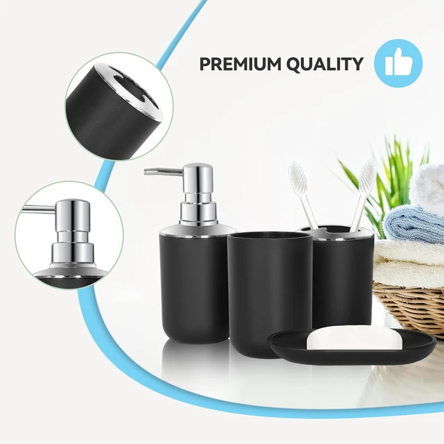 Alt view image 6 of 7 - CozyNF Bathroom Accessories Set 4 PCS, Black Bathroom Accessories Plastic Soap Dispenser and Toothbrush Holder Set Soap Dish and Mouthwash Cup Boho Bathroom Decor Bathroom Set Black
