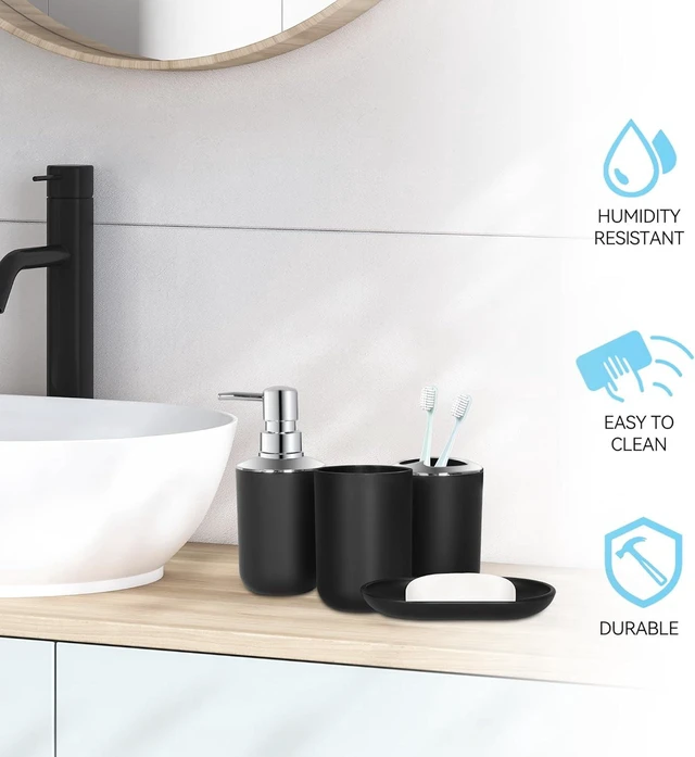 Alt view image 7 of 7 - CozyNF Bathroom Accessories Set 4 PCS, Black Bathroom Accessories Plastic Soap Dispenser and Toothbrush Holder Set Soap Dish and Mouthwash Cup Boho Bathroom Decor Bathroom Set Black