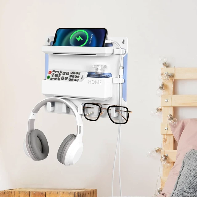 Main image of Bedside Wall Mount Shelf, Adhesive Organizer for Remote, Phone, Glasses. Accessories Storage Suitable for College Dorm, Bunk Bed, Bedroom, RV (White)