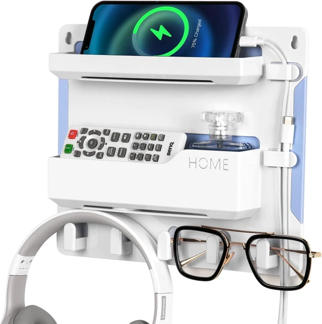 Alt view image 2 of 7 - Bedside Wall Mount Shelf, Adhesive Organizer for Remote, Phone, Glasses. Accessories Storage Suitable for College Dorm, Bunk Bed, Bedroom, RV (White)