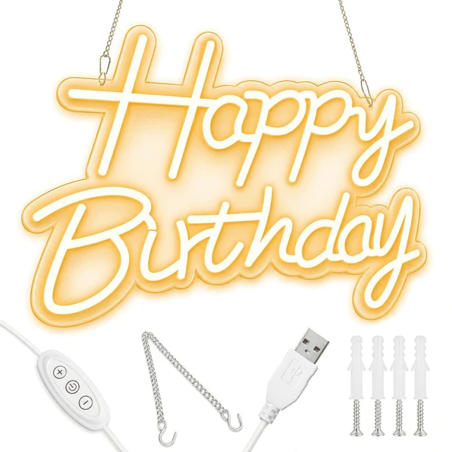 Main image of C Happy Birthday Neon Sign for Backdrop, LED Happy Birthday Light Up Sign, USB Powered Dimmable Neon Light for Birthday Party Decorations, Wall Decor, Warm White, 16.5 x 12 inch